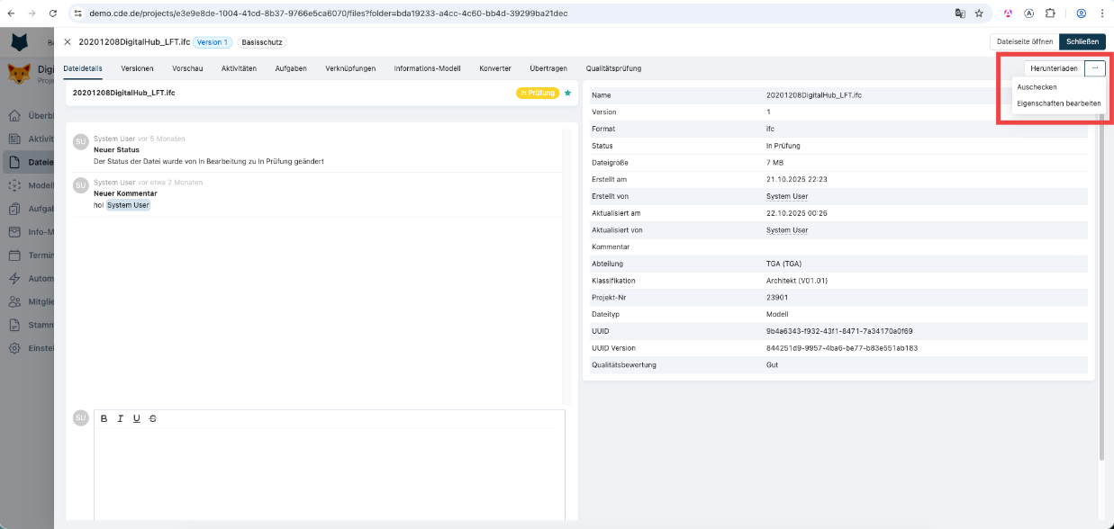 Dateidetails Optionen