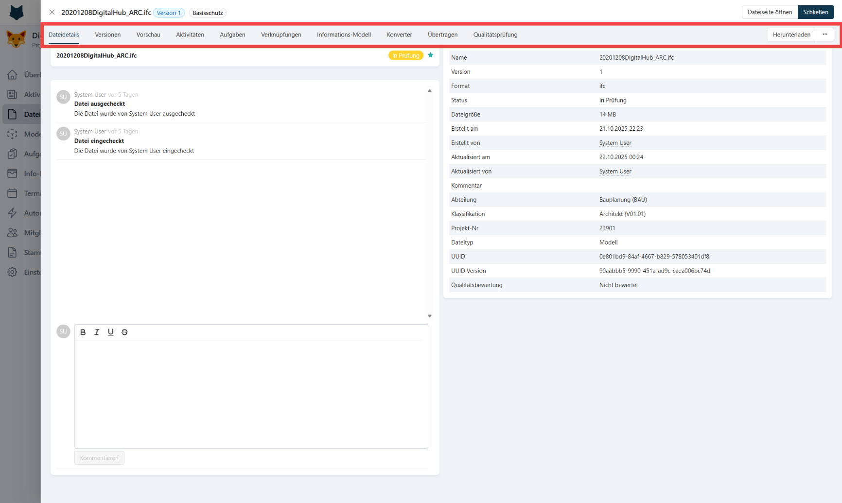 Dateidetails Tabs