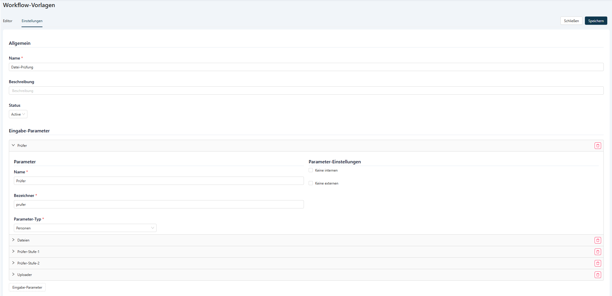 Workflow-Vorlage Einstellungen